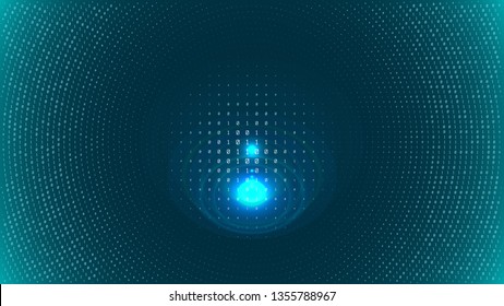 The blue bytes of the binary code forming a background pattern with optical flares