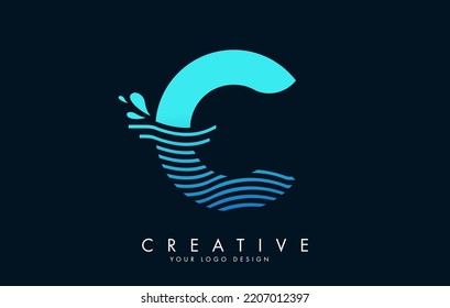 Blue C Letter Logo with Waves and Water Drops Design Vector Illustration.