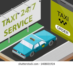 Blue cab taxi 24/7 service isometric billboard banner. Online navigation application order classic taxi service. Isometry 3D flat car on road. Vehicle itinerary route banner. Get a taxi cab online
