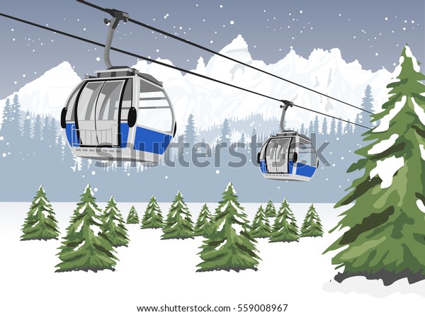 blue cable car lift at ski resort in winter in\
front of majestic\
mountains