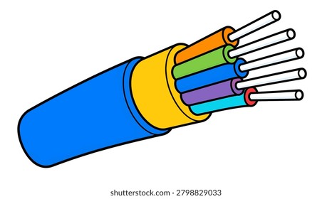 A blue cable with yellow insulation and multiple colored wires