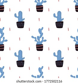 Blue cacti in pots on a seamless pattern. Vector pattern for design, packaging, scrapbooking.