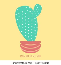 Blue Cactus in a Pot on a Yellow Background. Creative Vector Template with Text in Pastel Color Design. Cactus Isolated for Card, Invitation, Paper, Postcard, Fabric, Textile or Your Project.