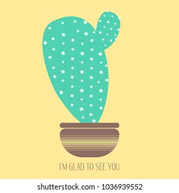 Blue Cactus in a Pot on a Yellow Background. Creative Vector Template with Text in Pastel Color Design. Cactus Isolated for Card, Invitation, Paper, Postcard, Fabric, Textile or Your Project.