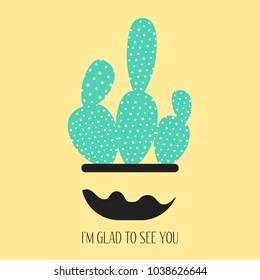 Blue Cactus in a Pot on a Yellow Background. Creative Vector Template with Text in Pastel Color Design. Cactus Isolated for Card, Invitation, Paper, Postcard, Fabric, Textile or Your Project.