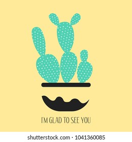 Blue Cactus in a Pot on a Yellow Background. Creative Vector Template with Text in Pastel Color Design. Cactus Isolated for Card, Invitation, Paper, Postcard, Fabric, Textile or Your Project.