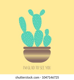 Blue Cactus in a Pot on a Yellow Background. Creative Vector Template with Text in Pastel Color Design. Cactus Isolated for Card, Invitation, Paper, Postcard, Fabric, Textile or Your Project.
