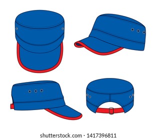 Blue Cadet Military Cap Design Vector With Red Edging Rim Brim.