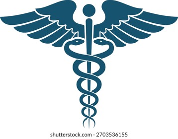Símbolo caduceo azul con alas, apto para Anuncios médicos y publicidades, en CMYK y escala de grises.