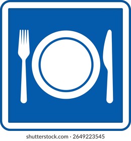 Blue Cafeteria Sign. Vector Illustration. Catering Point in Hospital Building. Plate, Fork, and Knife. Road Sign or Sticker