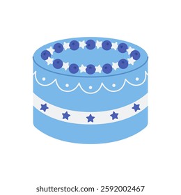 Blue cake with blueberries and stars. Dessert for birthday, anniversary. Sweet holiday baking for banner, poster, greeting card. Vector flat illustration isolated on white background