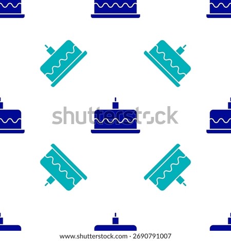 Blue Cake with burning candles icon isolated seamless pattern on white background. Happy Birthday.  Vector