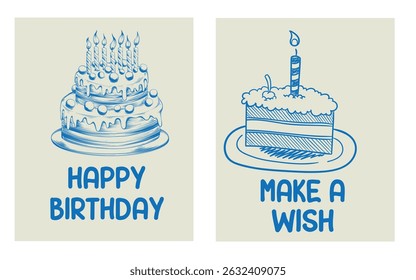 Blue cake with cream and candle. Happy birthday text. Retro style. Sweet tasty food. Hand drawn trendy Vector illustration. Ideal for wedding, anniversary, valentine day. Vector.