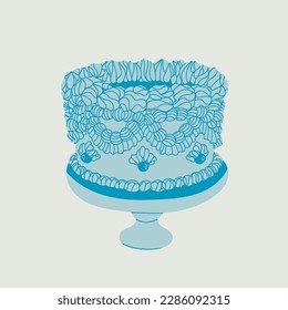 Blue Cake with delicious cream. Retro style. Sweet tasty food. Hand drawn trendy Vector illustration. Isolated design element. Party, wedding, anniversary, celebration, birthday concept