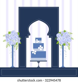 Blue cake and flowers. Moroccan style. Vector illustration