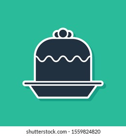 Blue Cake icon isolated on green background. Happy Birthday.  Vector Illustration