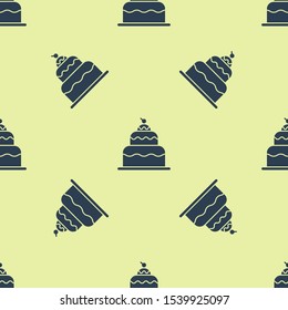 Blue Cake icon isolated seamless pattern on yellow background. Happy Birthday.  Vector Illustration