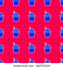 Blue Cake icon isolated seamless pattern on red background. Happy Birthday.  Vector Illustration