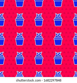 Blue Cake icon isolated seamless pattern on red background. Happy Birthday.  Vector Illustration