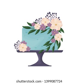 Blue cake with pink and purple flowers. Vector illustration on white background.
