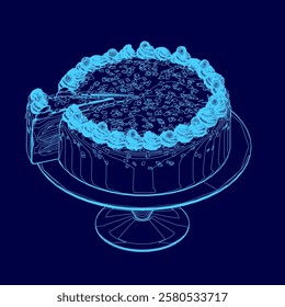 Blue cake with a slice missing sits on a blue plate. The cake is decorated with frosting and has a blue color scheme