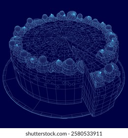 Blue cake with strawberries on top and a slice missing. The cake is a 3D rendering of a cake, and the slice missing is a close up of the cake