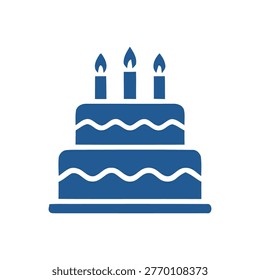A blue cake with three lit candles