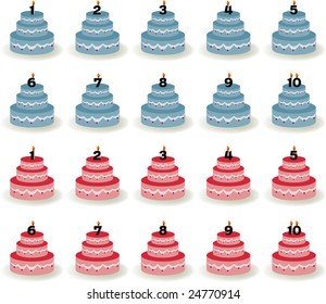 Blue cakes and pink cakes with a number candle in the bottom