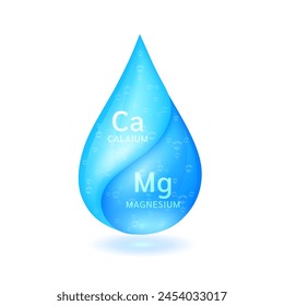 Blue calcium droplet and magnesium solution isolated on white background. Vitamins complex minerals supplements should take in pairs. Medical scientific concepts. 3D Vector.