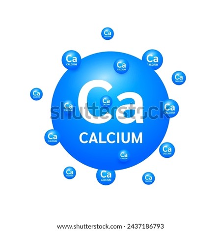 Blue calcium minerals on white background. Natural nutrients and vitamins essential by the body to help repair damaged organs. For advertising medical supplements design. 3D Vector EPS10.
