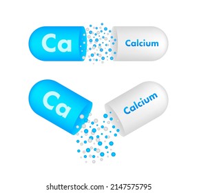 Blue calcium on white background. Calcium mineral. Ca pill capsule. Vector stock illustration.