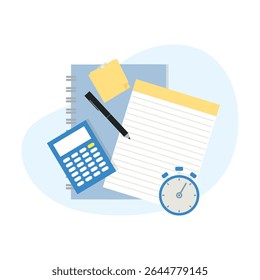 Blue Calculator with Black Pen, Yellow Sticky Notes, and Stopwatch on White Lined Paper for Productivity