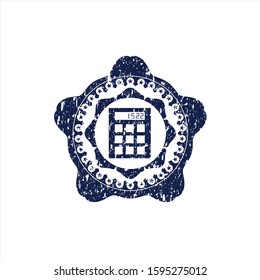Blue calculator icon inside distressed with rubber seal texture