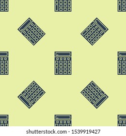 Blue Calculator icon isolated seamless pattern on yellow background. Accounting symbol. Business calculations mathematics education and finance.  Vector Illustration