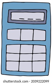 blue calculator for urack math, color vector illustration in doodle style with black outline