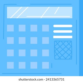 Ilustración vectorial de calculadora azul, diseño plano simple con botones y pantalla. Instrumento matemático e ilustración vectorial de concepto educativo.