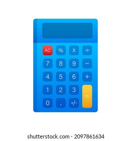 Blue calculator white background. Modern design. Electronic portable calculator. Vector stock illustration.