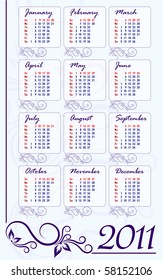 Blue Calendar for 2011. Vintage style.
