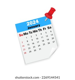 Blue calendar 2024 January on pin. Vector illustration.