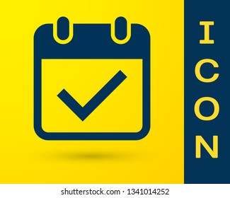 Blue Calendar with check mark icon isolated on yellow background. Vector Illustration