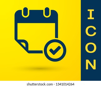 Blue Calendar with check mark icon isolated on yellow background. Vector Illustration