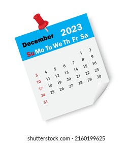 Blue calendar december 2023 with pin. Calendar reminder 2023. Business plan schedule. Vector illustration. stock image.