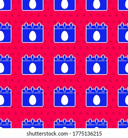 Blue Calendar with Easter egg icon isolated seamless pattern on red background. Spring Christian Holiday symbol.  Vector Illustration