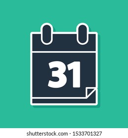 Blue Calendar with Halloween date 31 october icon isolated on green background. Happy Halloween party.  Vector Illustration