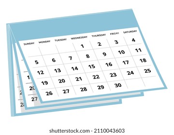 Blue calendar icon. black text and numbers isolated on white background. vector illustration