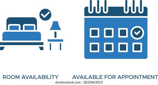 Blue calendar icon with checkmark and room availability text illustration vector