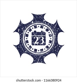 Blue calendar icon inside distress grunge seal