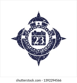 Blue calendar icon inside distressed rubber grunge stamp