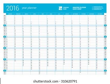 Blue Calendar Planner for 2016 Year. Vector Design Print Template. Week Starts Monday