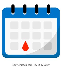 Calendario azul con una gota roja en uno de los cuadrados, que simboliza una fecha o evento específico.